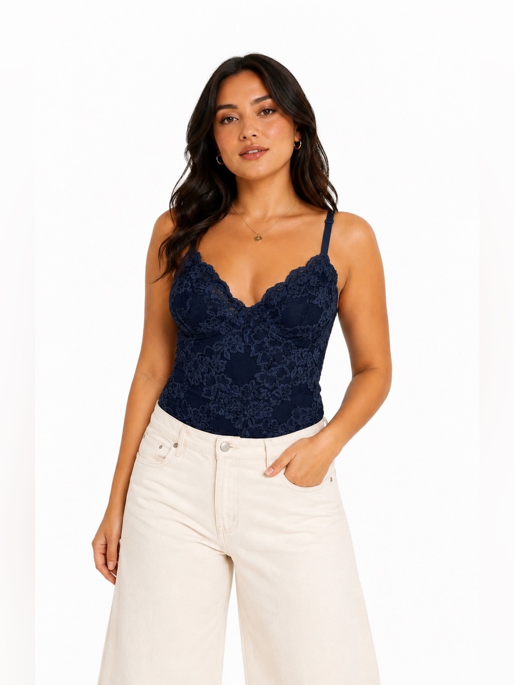 80s/90s European Vintage Floral Lace Underwire Bodysuit w Pearl Detail (Navy)M/L